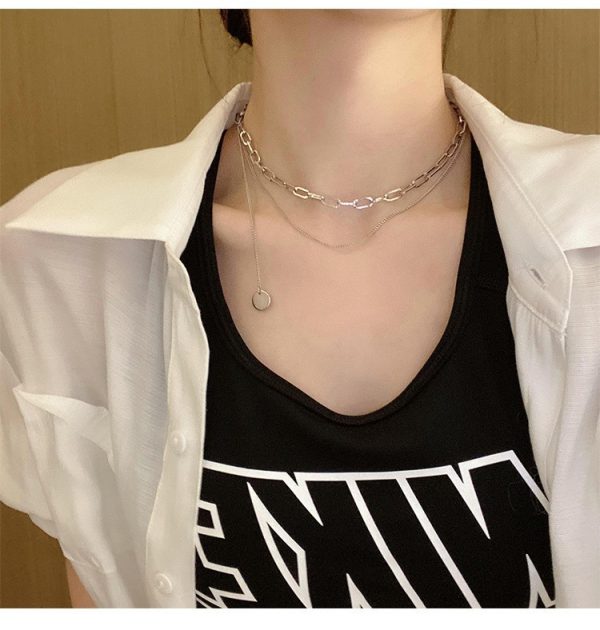 Double Clavicle Chain Necklace With small round tag - Image 2